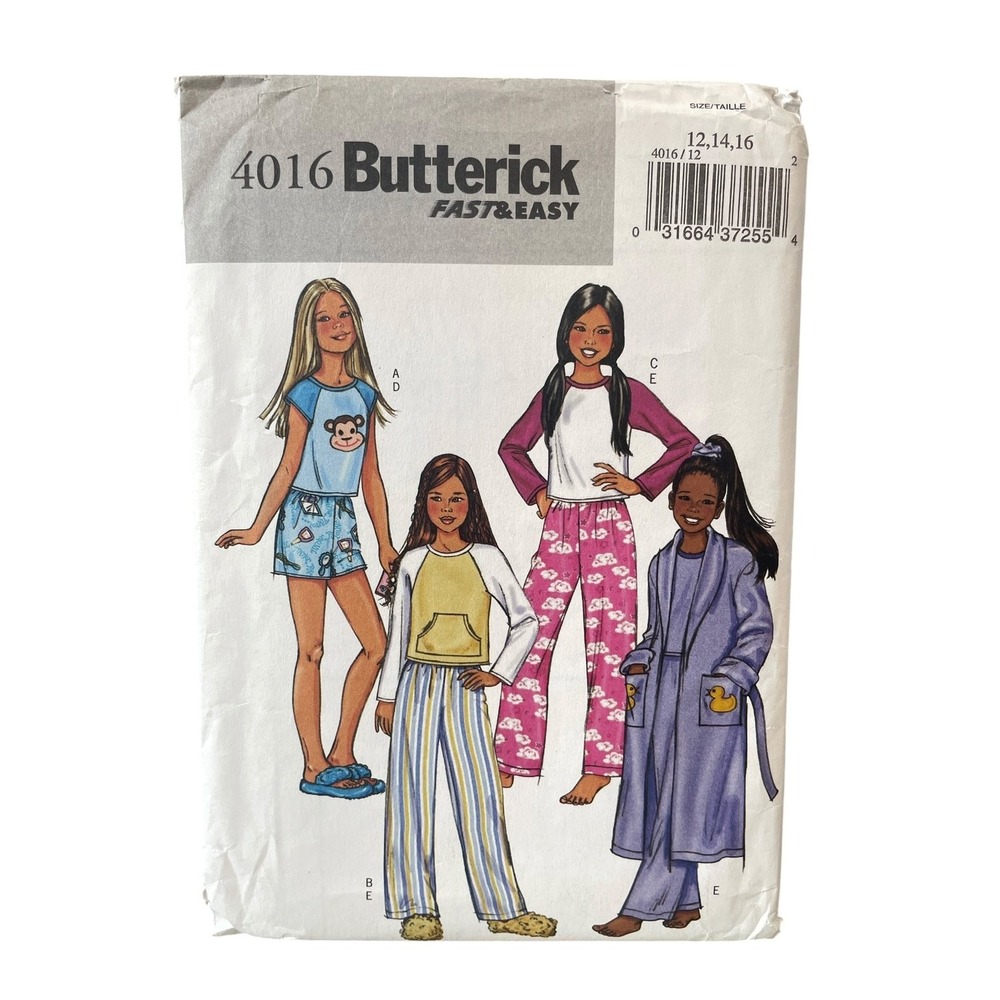 Butterick 4016 Girls Pajamas Robe Top Shorts Pants 12 14 16 FAST & EASY